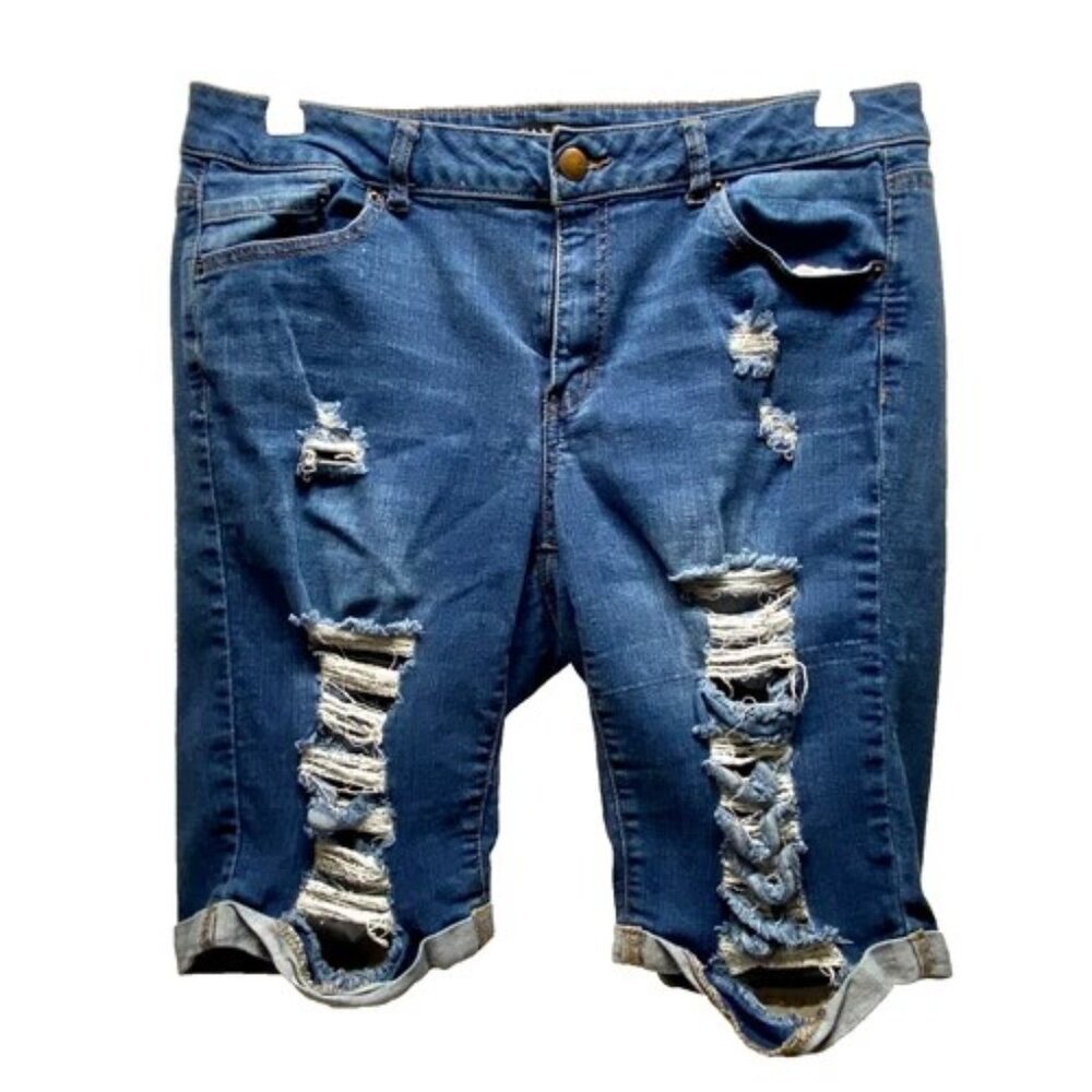Wax Jean Distressed Bermuda Shorts Women's 3X Dark Denim Cuffed‎ Stretch